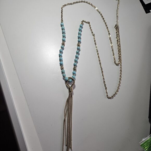 Gold Tone Long Necklace With Turquoise And Tassel Pendant 40 To 43" - Picture 13 of 13